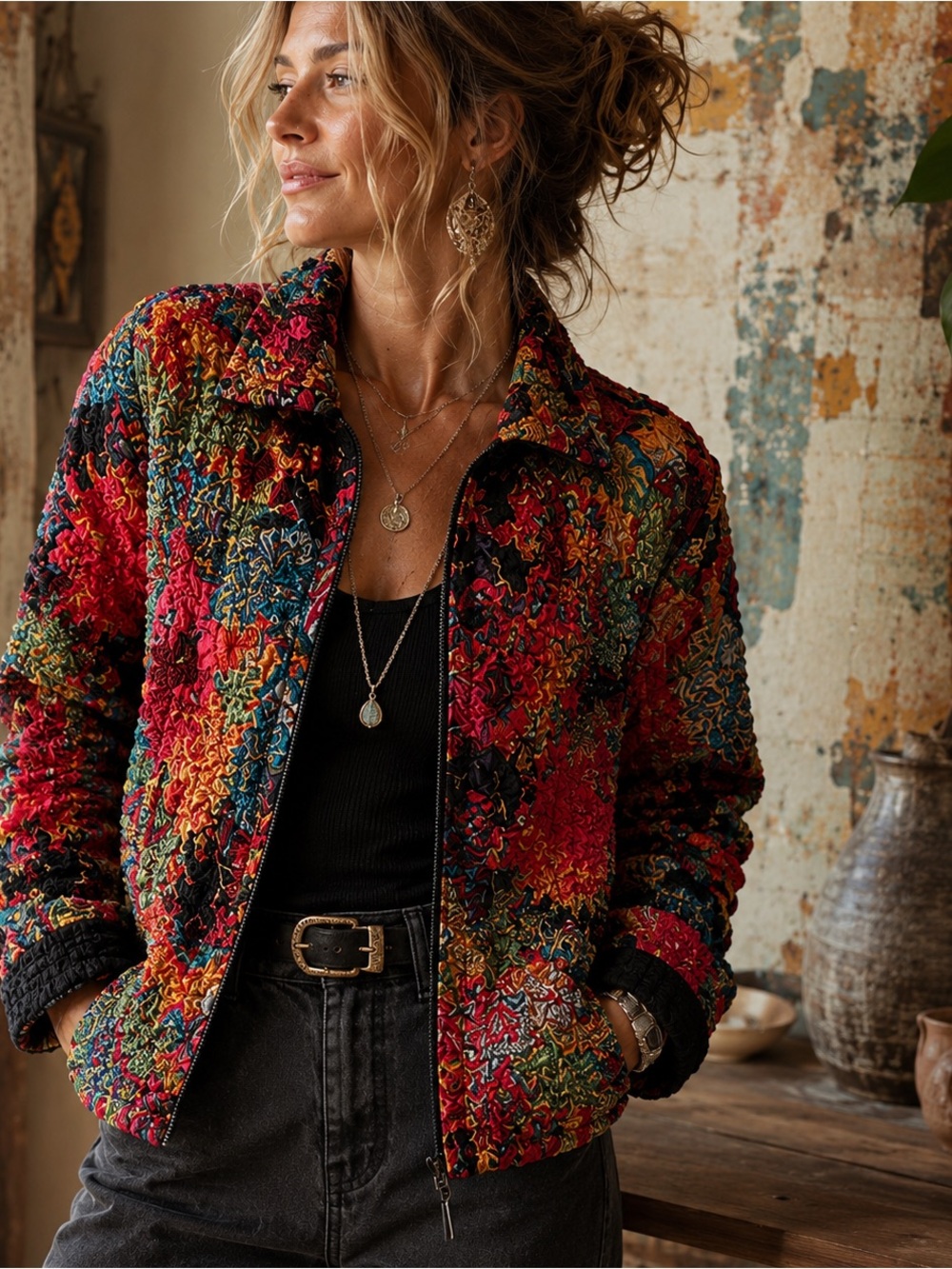 Reversible Crinkle Floral Black Art to Wear Jacket Colorful Textured